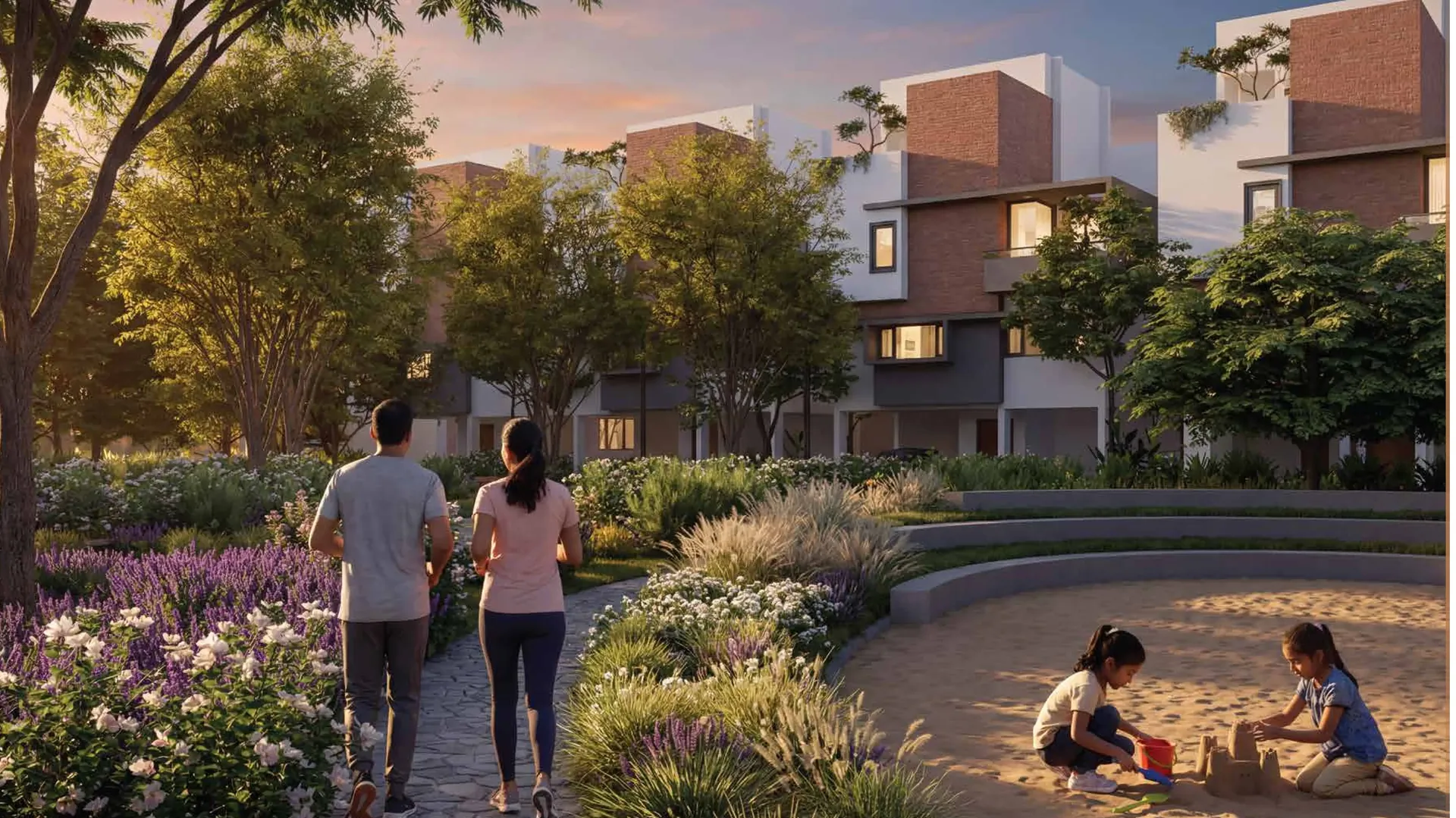 Whispers of the Sky villa community landscaped gardens at dusk